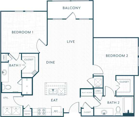 A floor plan of a house with a balcony, two bedrooms, a dining area, a live area, a kitchen, a pantry, two bathrooms, and a utility space.