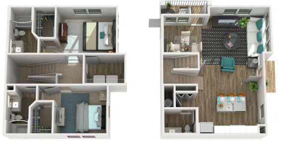 A floor plan of a two-bedroom apartment with a kitchen and living room.