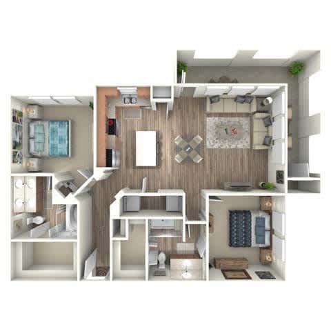 A 3D rendered image of a modern apartment layout.