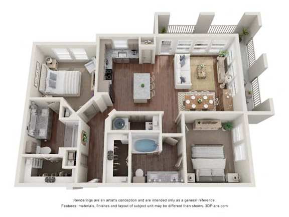 A 3D floor plan of a house with a kitchen, living room, dining room, and bathrooms.