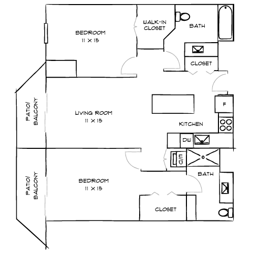 A floor plan of a house with two bedrooms, a living room, a kitchen, a bath, and a walk-in closet.