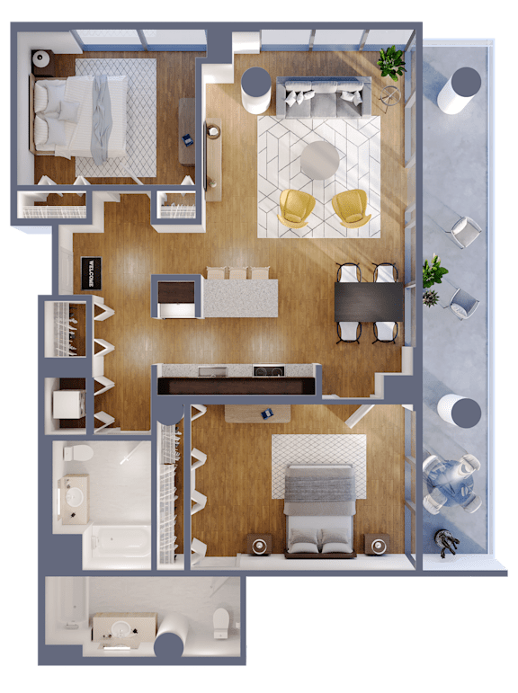 A detailed 3D floor plan of a house showing all rooms and their layouts.