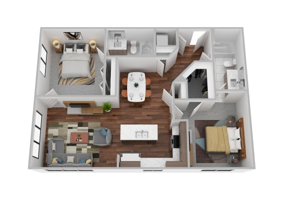 a 3d floor plan of a bedroom with a living room