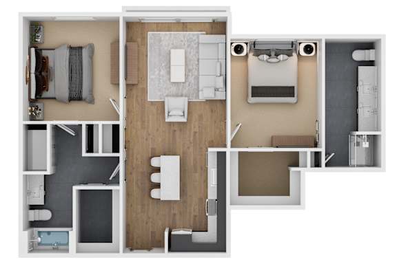 A top-down view of a modern apartment layout.