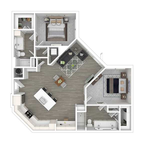 A top-down view of a house floor plan with a living room, kitchen, dining area, and bedrooms.