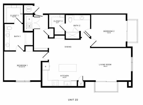 A black and white image of a floor plan for a 2D unit.