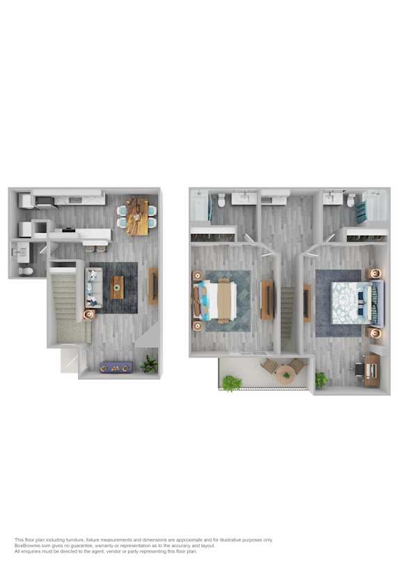 A floor plan of a house with two bedrooms, a living room, a kitchen, and a bathroom.