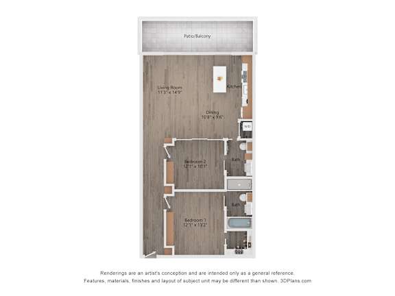 A floor plan of a house with a living room, kitchen, dining room, and two bedrooms.