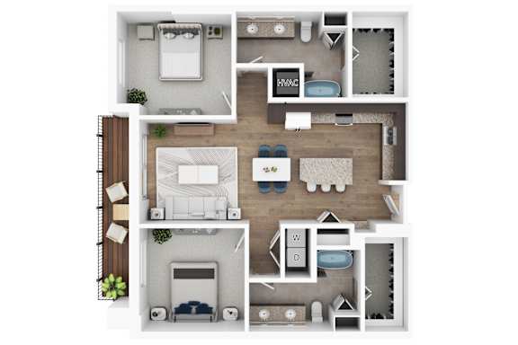 A floor plan of a house with a kitchen, living room, and two bedrooms.