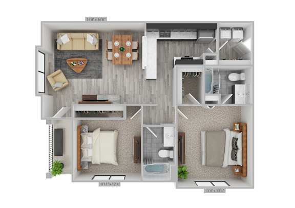 A floor plan of a house with a living room, dining room, kitchen, and bathrooms.