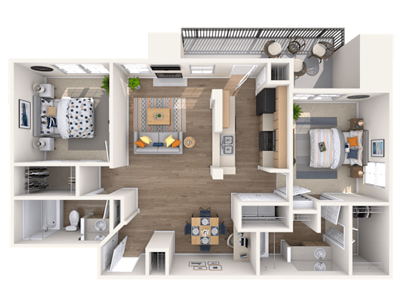 A 3D rendered image of a modern apartment layout.