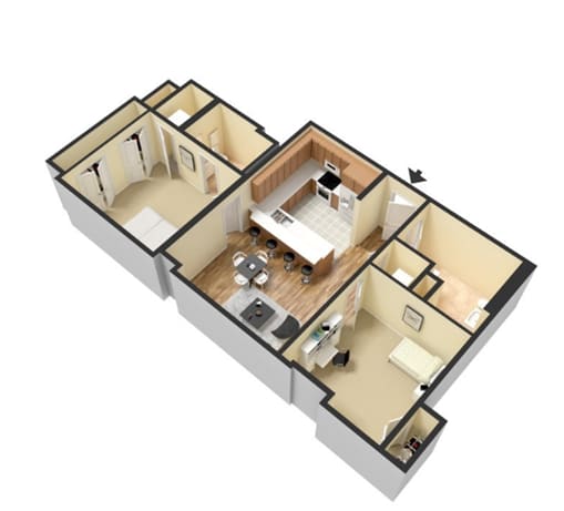 A 3D floor plan of a house with a kitchen, living room, and two bedrooms.
