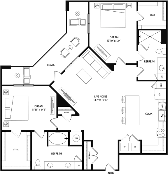 A floor plan of a house with rooms labeled as "DREAM", "RELAX", "REFRESH", "LIVE/DINE", "COOK", "W", "D", "STORE", and "