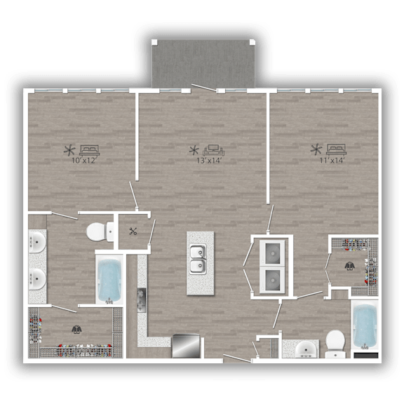 A floor plan of a house with a master bedroom, a living/dining area, a guest bedroom, a kitchen, a bathroom, and a walk-in closet.