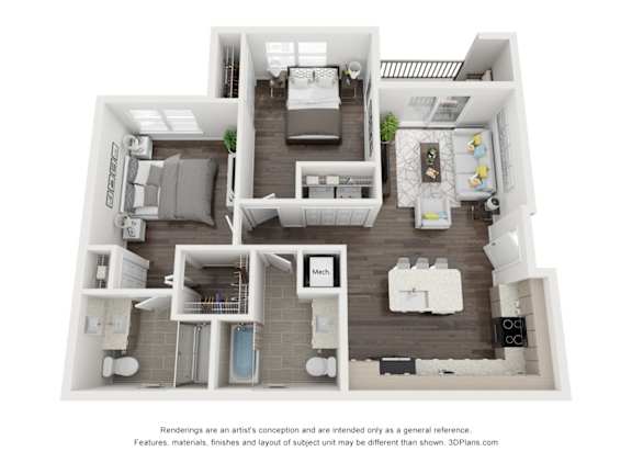 A 3D floor plan of a house with a kitchen, living room, and two bedrooms.