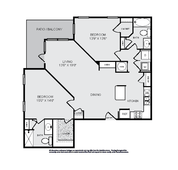 A floor plan of a house with a living room, two bedrooms, a dining room, a kitchen, a bathroom, and a patio.