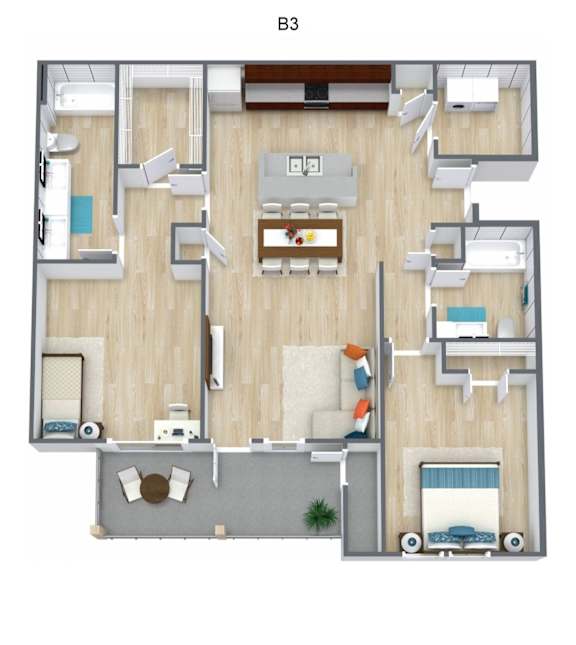 A 3D floor plan of apartment B3 with labeled rooms.