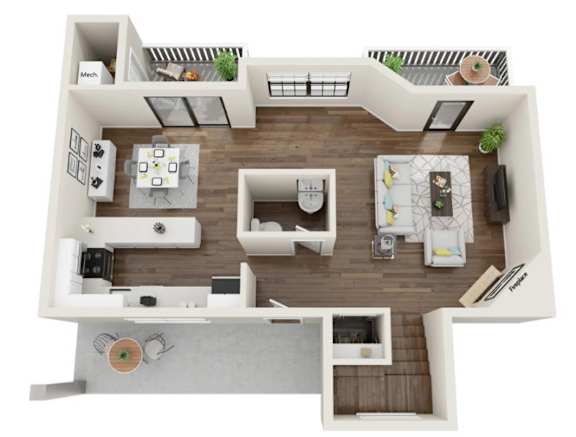A top-down view of a modern apartment layout with a kitchen, living room, and two bedrooms.