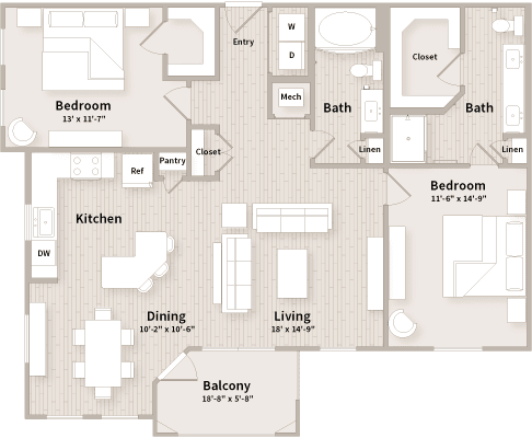 A floor plan of a house with a kitchen, living room, dining room, two bathrooms, and two bedrooms.