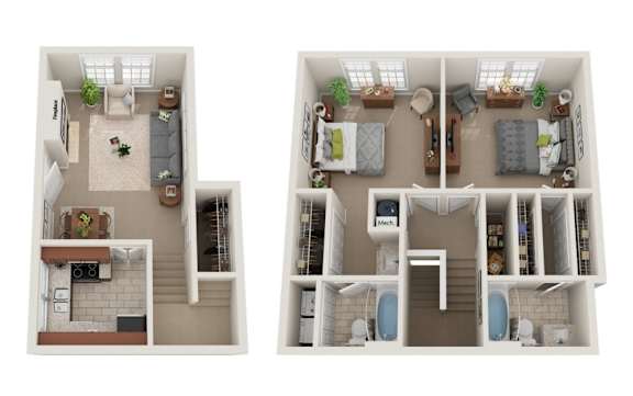 Two images of a small apartment layout with a kitchen, living room, and bathroom.