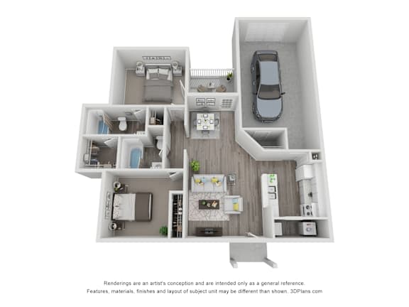 A 3D floor plan of a house with a car parked outside.