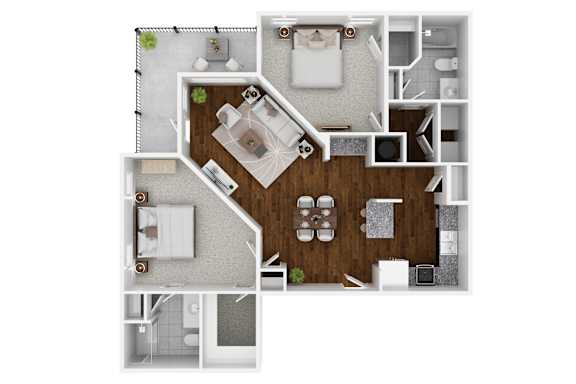 A top-down view of a house layout with a living room, kitchen, and two bedrooms.