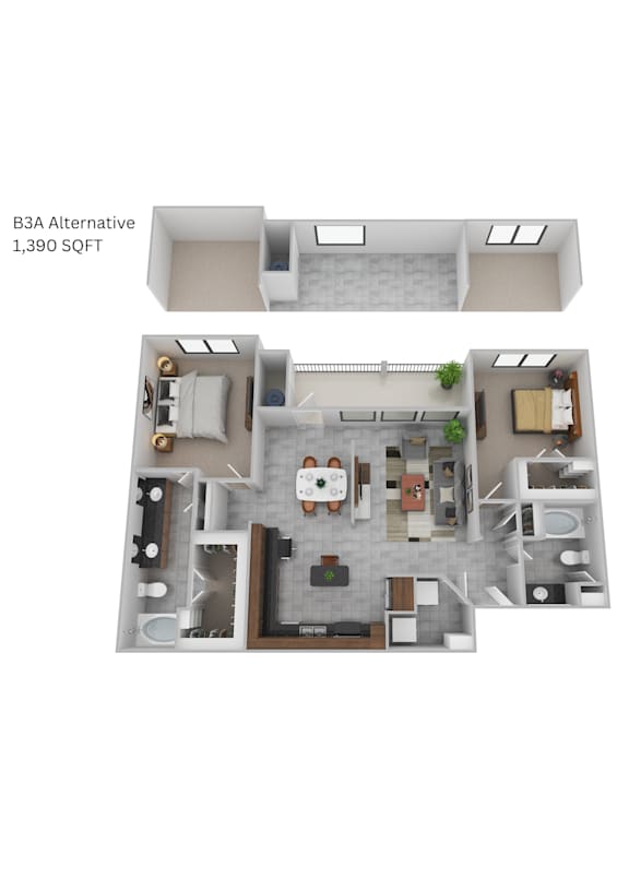 A floor plan of a 1,390 square foot B3A Alternative apartment.