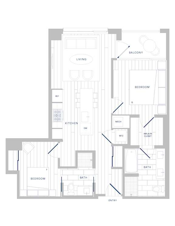 A floor plan of a house with labeled rooms such as "BALCONY", "LIVING", "KITCHEN", "BATH", "BEDROOM", "MECH", "WD", and "WAL