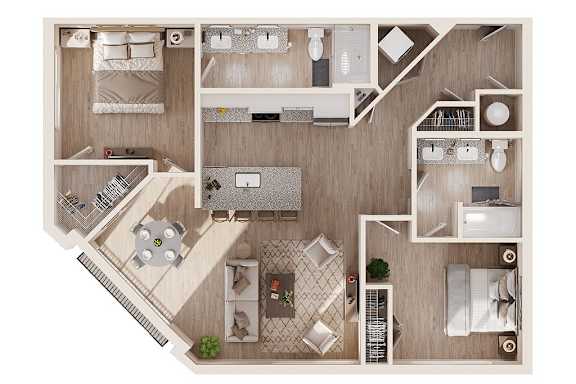 A top-down view of a small apartment layout with a kitchen, living room, and bedroom.