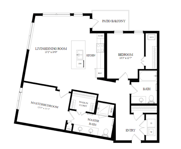 A floor plan of a house with a living room, two bedrooms, a patio, and a master bedroom.
