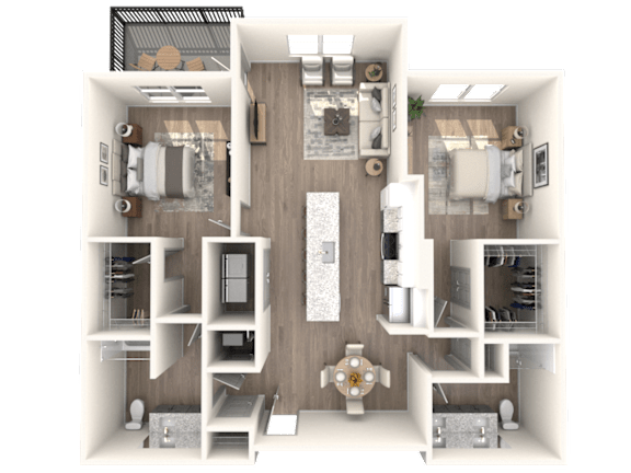 A 3D floor plan of a house with a kitchen, living room, and two bedrooms.
