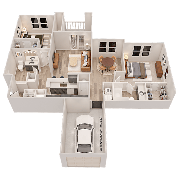A 3D floor plan of a house with a car parked in the garage.