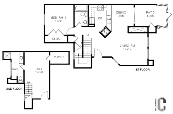 A black and white image of a two-story house floor plan.