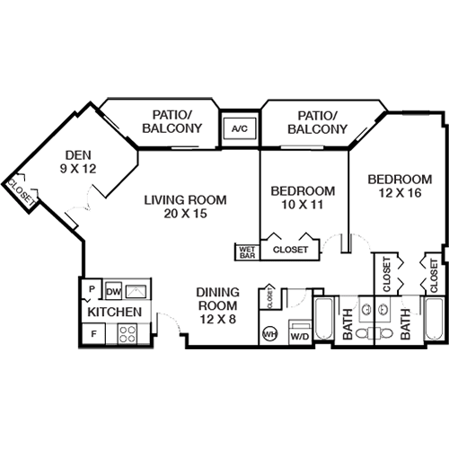 A floor plan of a house with two balconies, a living room, two bedrooms, a dining room, a kitchen, and a closet.