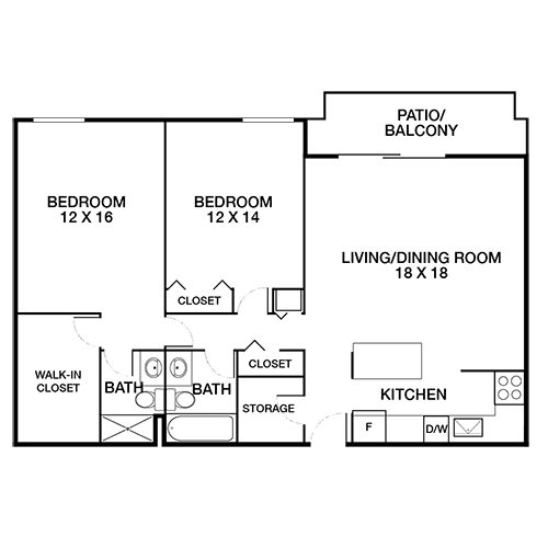 A floor plan of a house with two bedrooms, a living/dining room, a kitchen, a bathroom, and a closet.