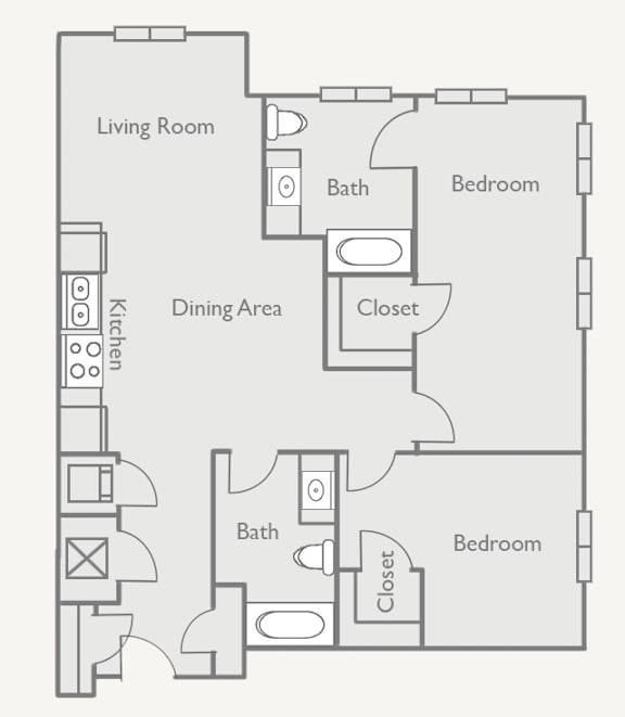 A floor plan of a house with a living room, dining area, kitchen, and two bedrooms.