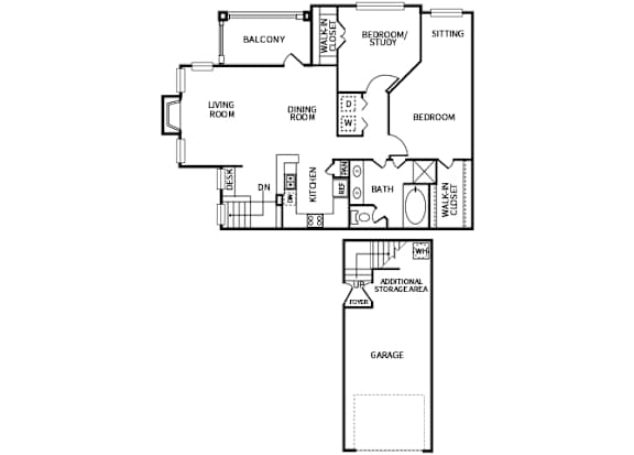 A floor plan of a house with a garage and a balcony.