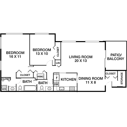 A floor plan of a house with two bedrooms, a living room, a dining room, a kitchen, two bathrooms, and a patio/balcony.