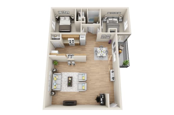 a stylized floor plan with a bedroom and a living room