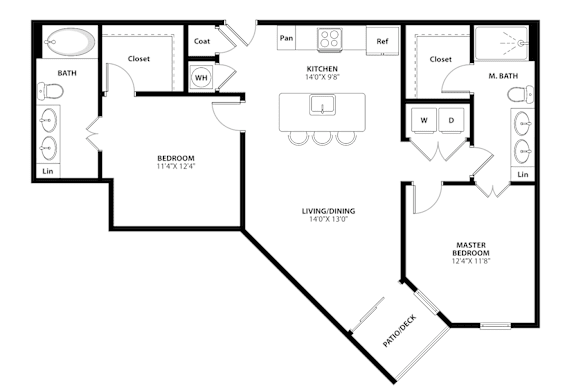 A black and white floor plan of a house with a master bedroom, living/dining area, kitchen, and bathrooms.