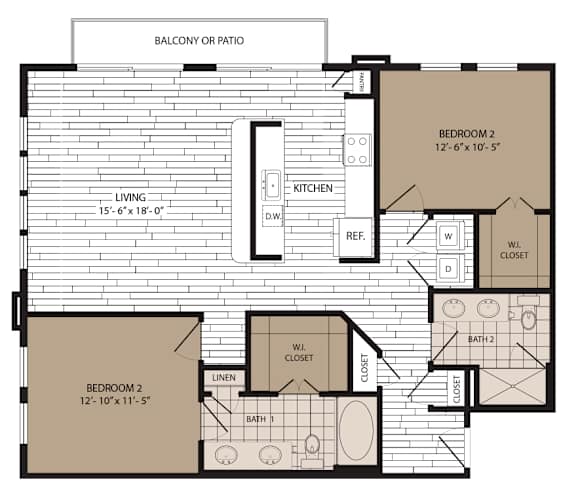 A floor plan of a house with two bedrooms, a living area, a kitchen, and two bathrooms.