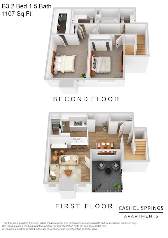 A floor plan for a 1.5 bath apartment with two bedrooms and 1107 square feet.