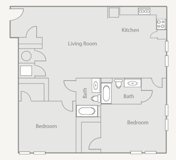 A floor plan of a small apartment with two bedrooms, a living room, and a kitchen.