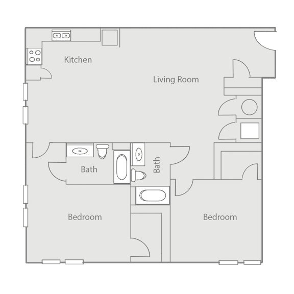 A floor plan of a house with a kitchen, living room, and two bedrooms.
