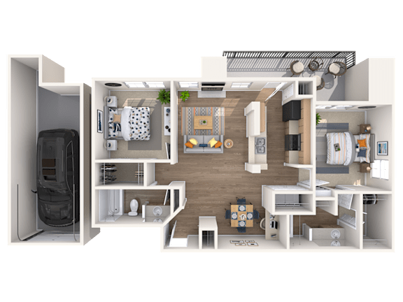 A 3D floor plan of a small apartment with a kitchen, living room, and bathroom.