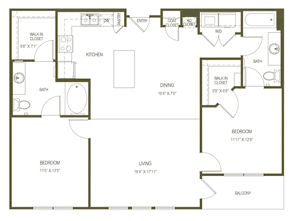 A floor plan of a house with a living room, dining room, kitchen, two bedrooms, a bathroom, and a balcony.