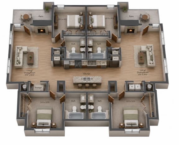 A 3D layout of a house with labeled rooms.