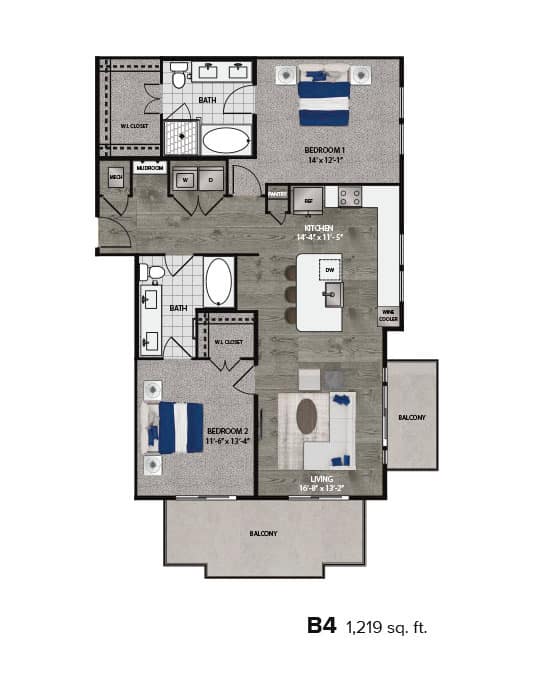 A floor plan of a home with two bedrooms and a living area.