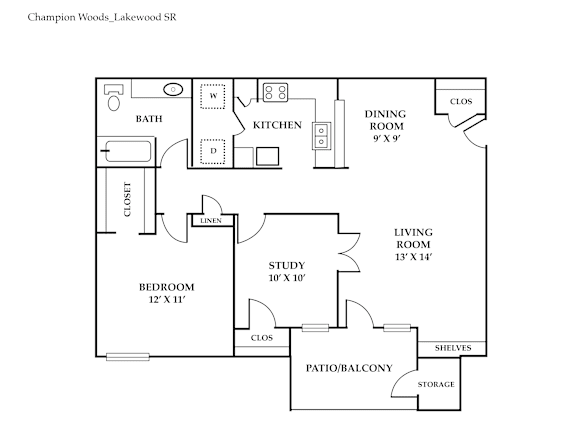 A floor plan of a house layout with a living room, dining room, kitchen, bathroom, bedroom, patios and storage.
