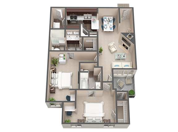 A top-down view of a house layout with multiple rooms.